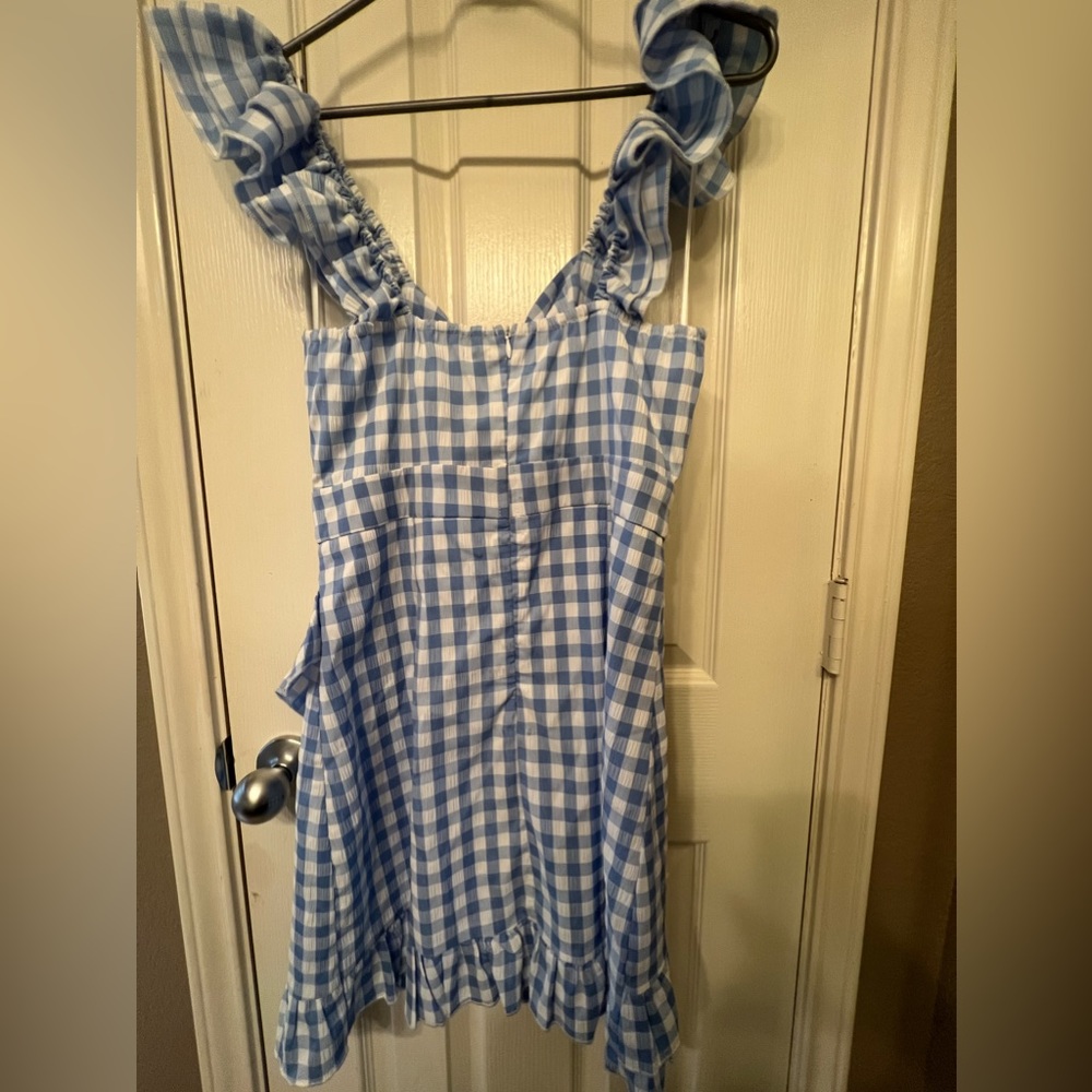 Mable size medium blue gingham, cutout mini dress with ruffles. - Picture 5 of 12